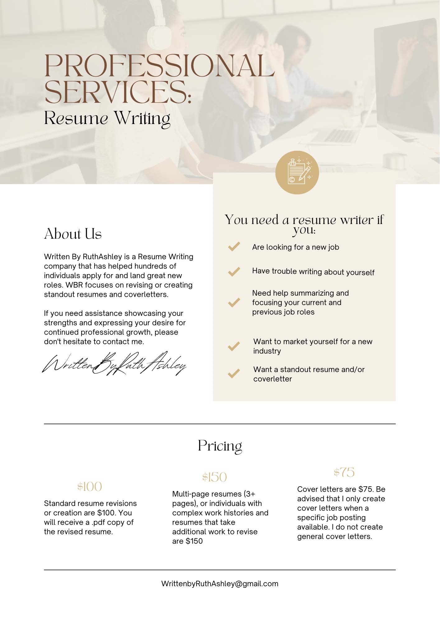 Professional Services Resume Writing flyer with pricing and contact information